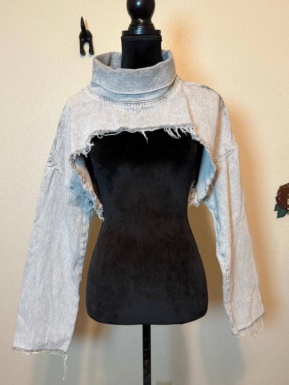 Zara Extreme Crop Top Denim Turtleneck Gray Size Large
